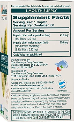 Himalaya Organic Bitter Melon / Karela for Balanced Blood Sugar Support, 660 mg, 60 Caplets, 1 Month Supply